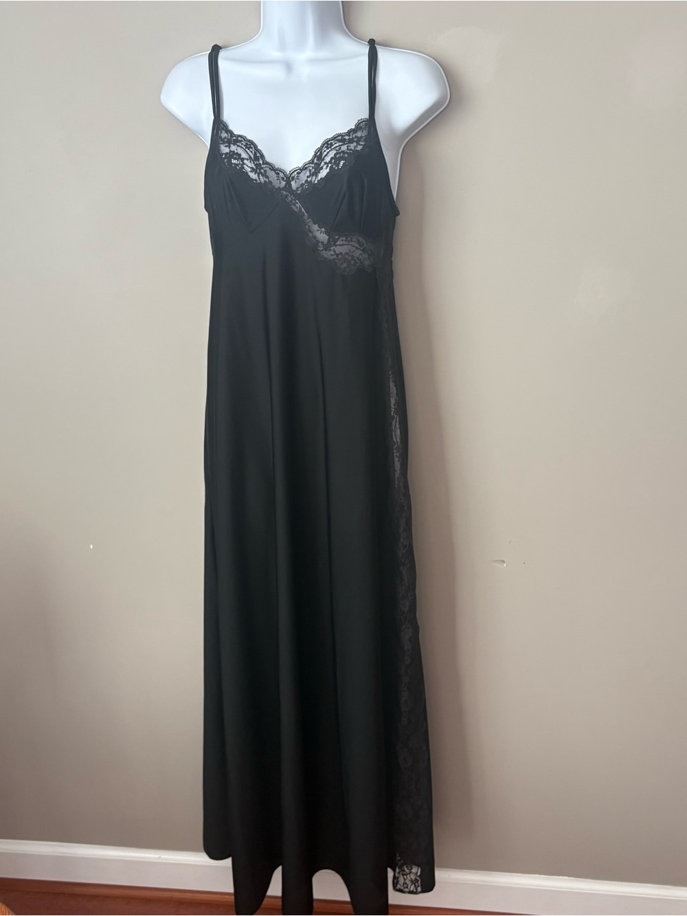 VTG Shadowline Black Nylon Maxi Nightgown Slip Dress Lace Trim Size Petite